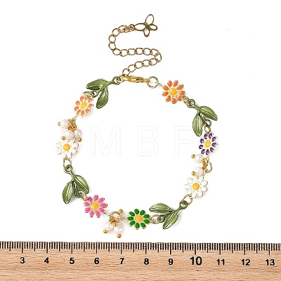 Brass Enamel Colorful Flower Link Chain Bracelets with Natural Pearl Beads for Women BJEW-JB14174-1