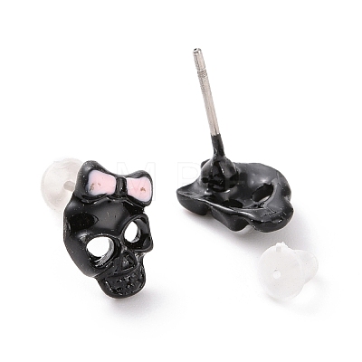 Alloy Skull with Bowknot Stud Earrings with Steel Pin EJEW-E143-15-1