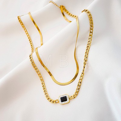 304 Stinless Steel Herringbone & Cuban Link Chains Double Layered Necklaces NJEW-H024-01G-1