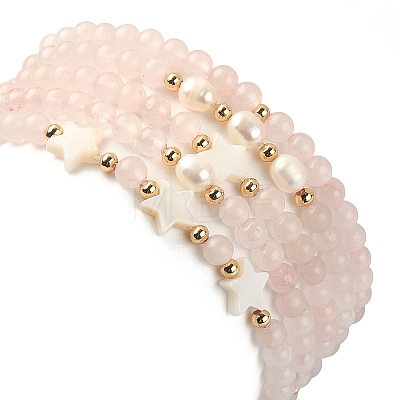 5Pcs 5 Style Natural Rose Quartz & Pearl & Shell Star Beaded Stretch Bracelets Set BJEW-JB09495-01-1