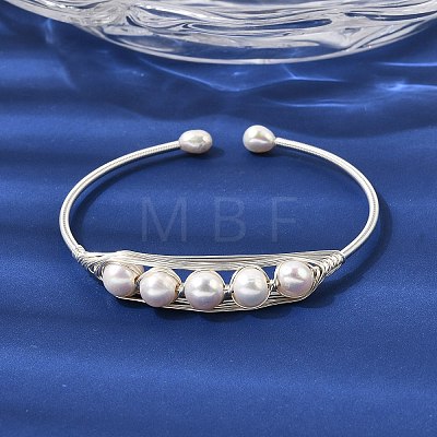 Brass Wire Wrapped Natural Pearl Open Cuff Bangles for Women BJEW-D453-03S-1