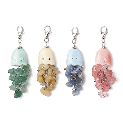 4Pcs Natural Gemstone Chips & Handmade Porcelain Octopus Pendant Decorations HJEW-JM04769-1