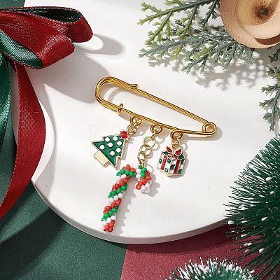 Candy Cane & Christmas Tree & Gift Glass Seed Beads & Alloy Enamel Pendant Kilt Pins JEWB-MZ00003-1