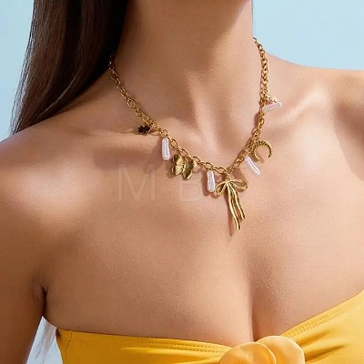 Summer Beach 304 Stainless Steel Bowknot Clover Pendant Necklaces with Imitation Keshi Pearl Tassel for Women LH7473-1