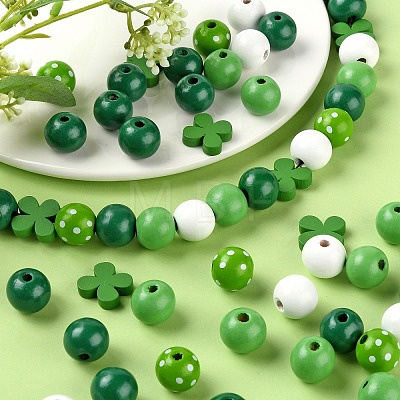 160Pcs 5 Style Irish Theme Painted Natural Wood Beads WOOD-LS0001-48-1