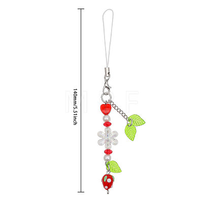 Strawberry & Leaf & Flower Handmade Lampwork Mobile Straps HJEW-WH0007-31-1