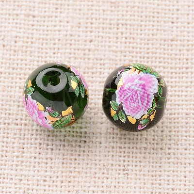 Flower Picture Printed Glass Round Beads GLAA-J088-10mm-A15-1