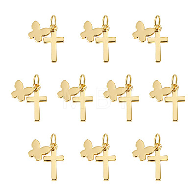 10Pcs Cross with Butterfly Brass Pendants PALLOY-TAC0272-1