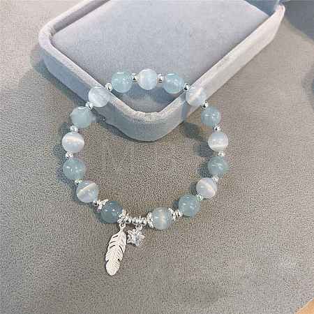 Feather Alloy Cat Eye Round Beaded Charm Bracelets WG18D49-11-1