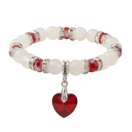 Natural Quartz Crystal & Glass Beaded Stretch Bracelet with Heart Charms for Valentine's Day X-BJEW-TA00284-1