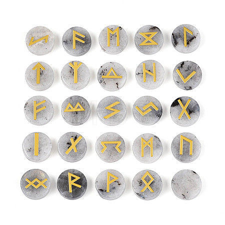 Brass Elder Futhark Alphabet Engraved Symbol Flat Round Natural Labradorite Rune Stones G-I373-01K-1