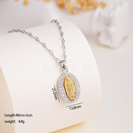 Two Tone Brass Micro Pave Clear Cubic Zirconia Religion Oval with Virgin Pendant Necklaces with 304 Stainless Steel Dapped Chains for Women WGEFA72-02-1