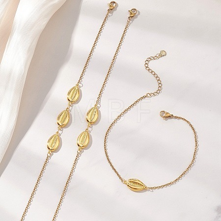 3Pcs 3 Styles Summer Beach 304 Stainless Steel Shell Shape Link Anklets for Women AJEW-AN00766-1