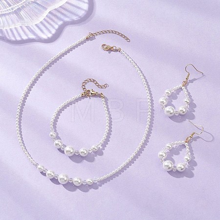 Round Natural Cultured Freshwater Pearl & Glass Beaded Bracelets & Necklaces & Dangle Earrings Sets SJEW-JS01366-1