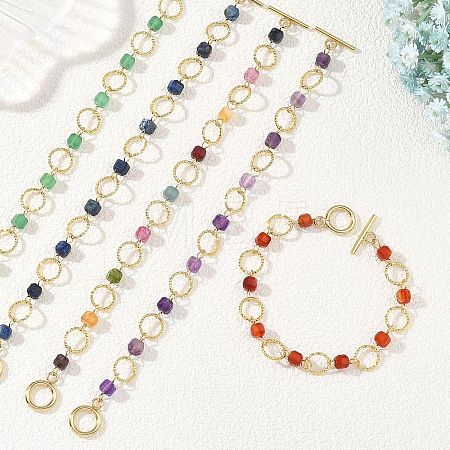 Natural Mixed Gemstone & Brass Open Jump Rings Link Bracelets for Women BJEW-JB14116-1