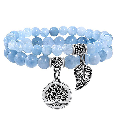 2Pcs Natural Aquamarine Round Beads Stretch Bracelets FS-WG435B7-14-1