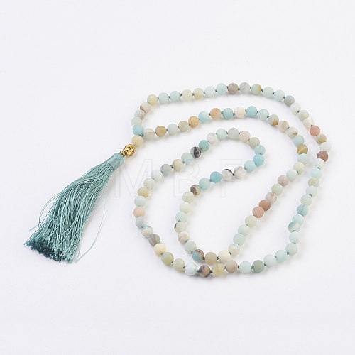 Natural Amazonite Buddha Mala Beads Necklaces NJEW-JN02129-03-1