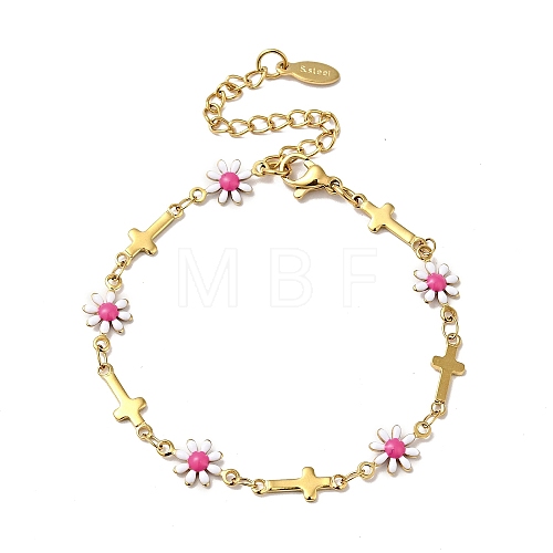 Ion Plating(IP) Enamel Flower & Cross Link Chain Bracelet BJEW-C023-01G-02-1