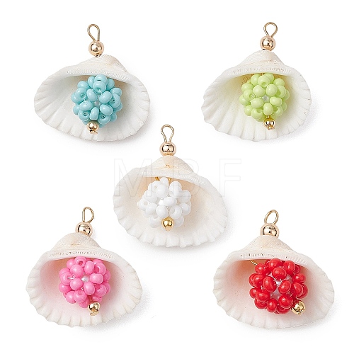 Clam Shell & Glass Seed Beaded Pendants PALLOY-MZ00526-1