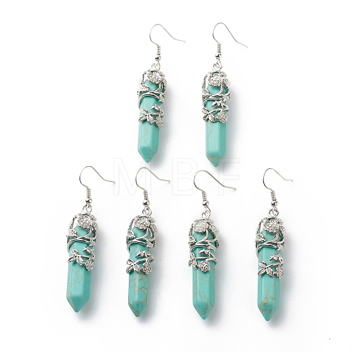 Synthetic Turquoise Bullet with Flower Dangle Earrings EJEW-G300-02P-09-1