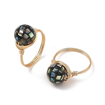 Eco-Friendly Copper Wire with Natural Abalone Shell Beads Finger Rings RJEW-JR01099-1