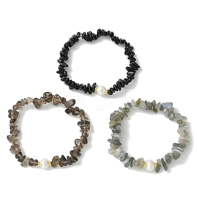 3Pcs 3 Styles Natural Mixed Gemstone Chip & Cultured Freshwater Pearl Beaded Stretch Bracelets Set for Women BJEW-JB13762-09-1