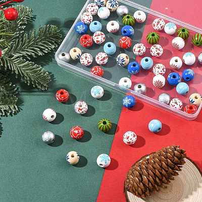 60Pcs 10 Styles Christmas Spray Painted Schima Wood Beads WOOD-FS0002-45-1