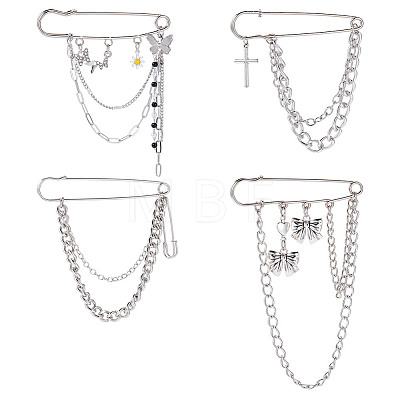 4Pcs 4 Styles Zinc Alloy Hanging Chain Brooches JEWB-DR0001-06-1