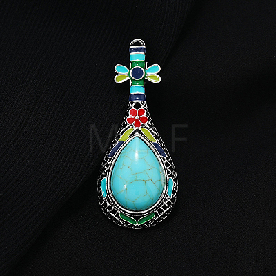 Synthetic Turquoise Musical Instrument Pipa Brooch with Enamel G-PW0007-054C-1