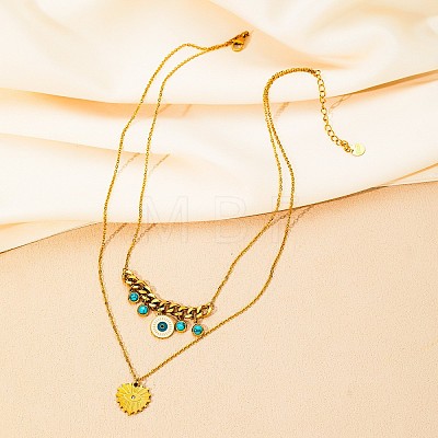 304 Stainless Steel Enamel Evil Eye Heart Pendant Double Layer Necklaces with Synthetic Turquoise for Women WGD59F3-01-1