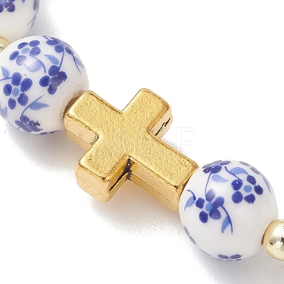 Handmade Flower Printed Porcelain Ceramic & Electroplate Non-magnetic Synthetic Hematite & Alloy Beaded Stretch Bracelets BJEW-JB13532-1