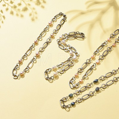 304 Stainless Steel Oval & Ring Link Chains Necklace with Natural Pearl Beaded for Women NJEW-JN03873-1