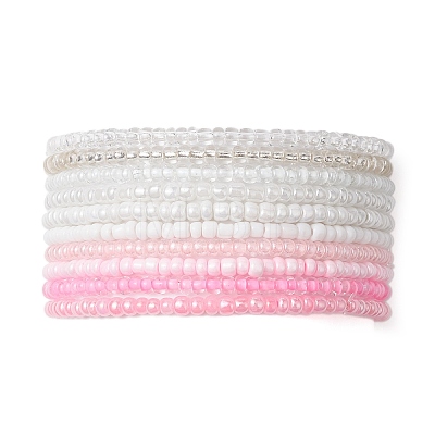 10Pcs Pink & White Rondelle Glass Seed Beaded Stretch Bracelet Sets BJEW-JB10419-1