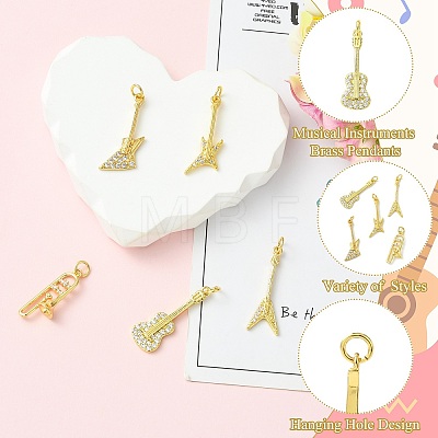 5Pcs 5 Styles Musical Instruments Theme Rack Plating Brass Clear Cubic Zirconia Pendants KK-CJ0005-93-1