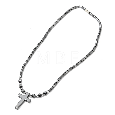 Synthetic Non-magnetic Hematite Cross Pendant Necklace with Beaded Chains NJEW-E095-03-1