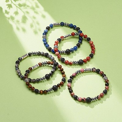 Natural Lava Rock & Mixed Gemstone Stretch Bracelet with Alloy Column Beaded BJEW-JB08731-1