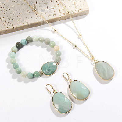 Oval Alloy with Natural Flower Agate Pendant Necklaces & Beaded Bracelets & Dangle Earrings Sets WGD3DFC-01-1