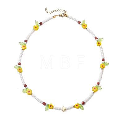 Faceted Round Natural Red Jasper & Flower Handmade Millefiori Glass & Glass Seed Beaded Necklaces for Women NJEW-MZ00150-01-1