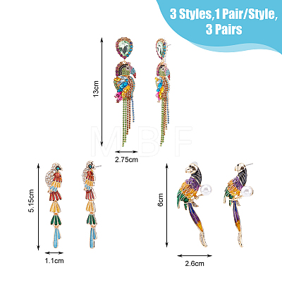 FIBLOOM 3 Pairs 3 Style Rhinestone Parrot Dangle Stud Earrings with Alloy Pins EJEW-FI0003-22-1