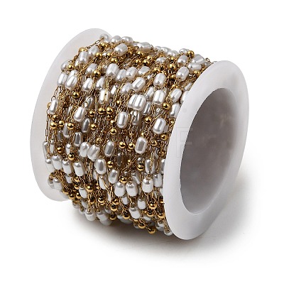 Handmade 304 Stainless Steel ABS Plastic Pearl Beaded Oval Link Chains CHS-L032-01G-01-1