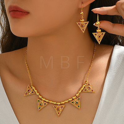 Vintage Brass Micro Pave Cubic Zirconia Triangle Pendant Necklace & Dangle Earring Set for Women SS2880-1
