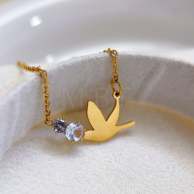 201 Stainless Steel Crystal Rhinestone Bird Pendant Necklaces for Women WG9DEBA-01-1