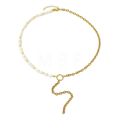 304 Stainless Steel Cable Chain Tassel Natural Pearl Rice Beaded Lariat Necklaces NJEW-JN06218-1