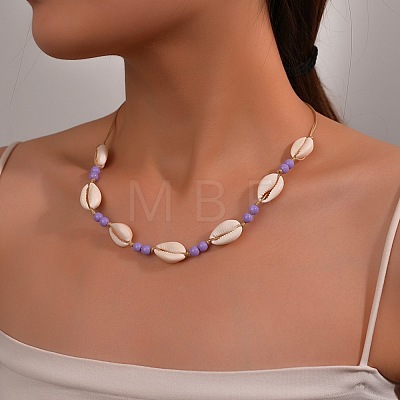 Natural Cowrie Shell & Round Acrylic Beaded Waxed Cord Braided Necklaces for Women FS-WG6249B-02-1