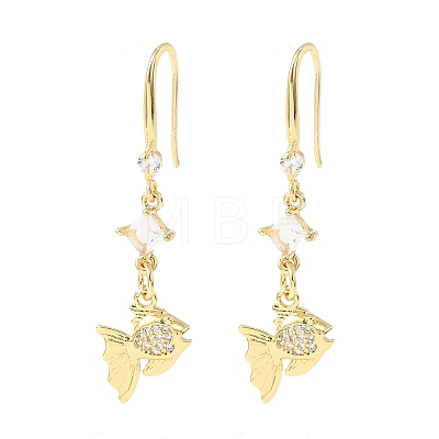 Brass Micro Pave Clear Cubic Zirconia Fish Dangle Earrings EJEW-A149-02G-1