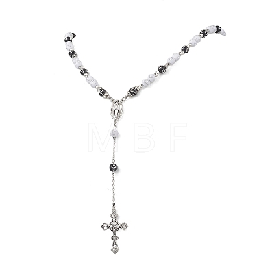 Acrylic & CCB Plastic Beaded Rosary Necklaces with Alloy Cross Pendant NJEW-JN05856-01-1