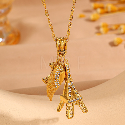 304 Stainless Steel Crystal Rhinestone Moon Wing Eiffel Tower Pendant Necklaces for Women WG97DE7-01-1