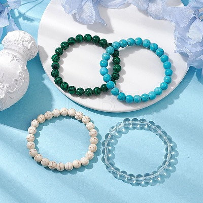 4Pcs Constellation 8mm Round Synthetic Turquoise & Quartz Crystal & Malachite & Magnesite Beaded Stretch Bracelets for Women BJEW-JB10634-1