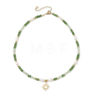 201 Stainless Steel Sun Pendant Dyed Faceted Rondelle Natural Malaysia Jade & Natural Pearl Beaded Necklaces NJEW-JN05814-1