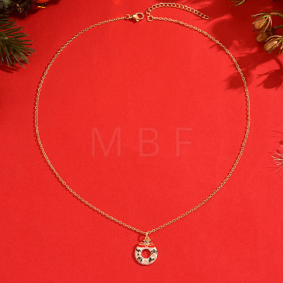 Cute Cartoon Brass Red White Green Emamel Christmas Wreath Pendant Necklaces for Holiday Festive Wear GL3657-1
